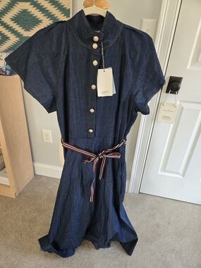 Linea Moda Italy Denim Dress Gold Buttons Women's Size Medium 7 Nwt